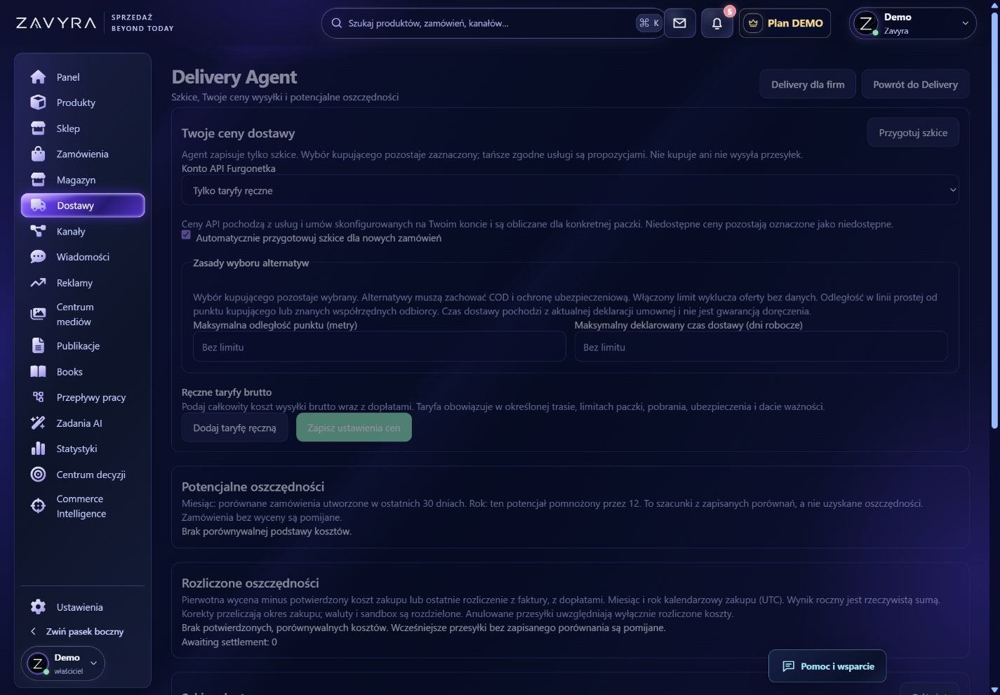 Rzeczywisty panel Zavyra: Delivery Agent