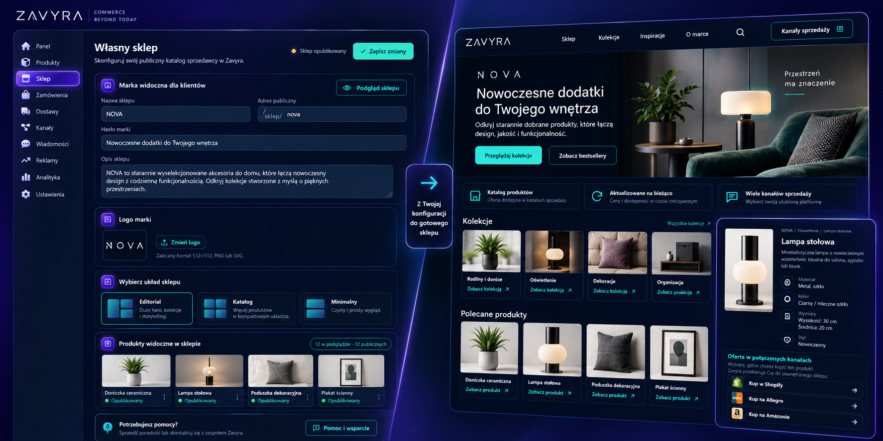 Panel administracyjny i publiczny katalog modułu Własny sklep Zavyra